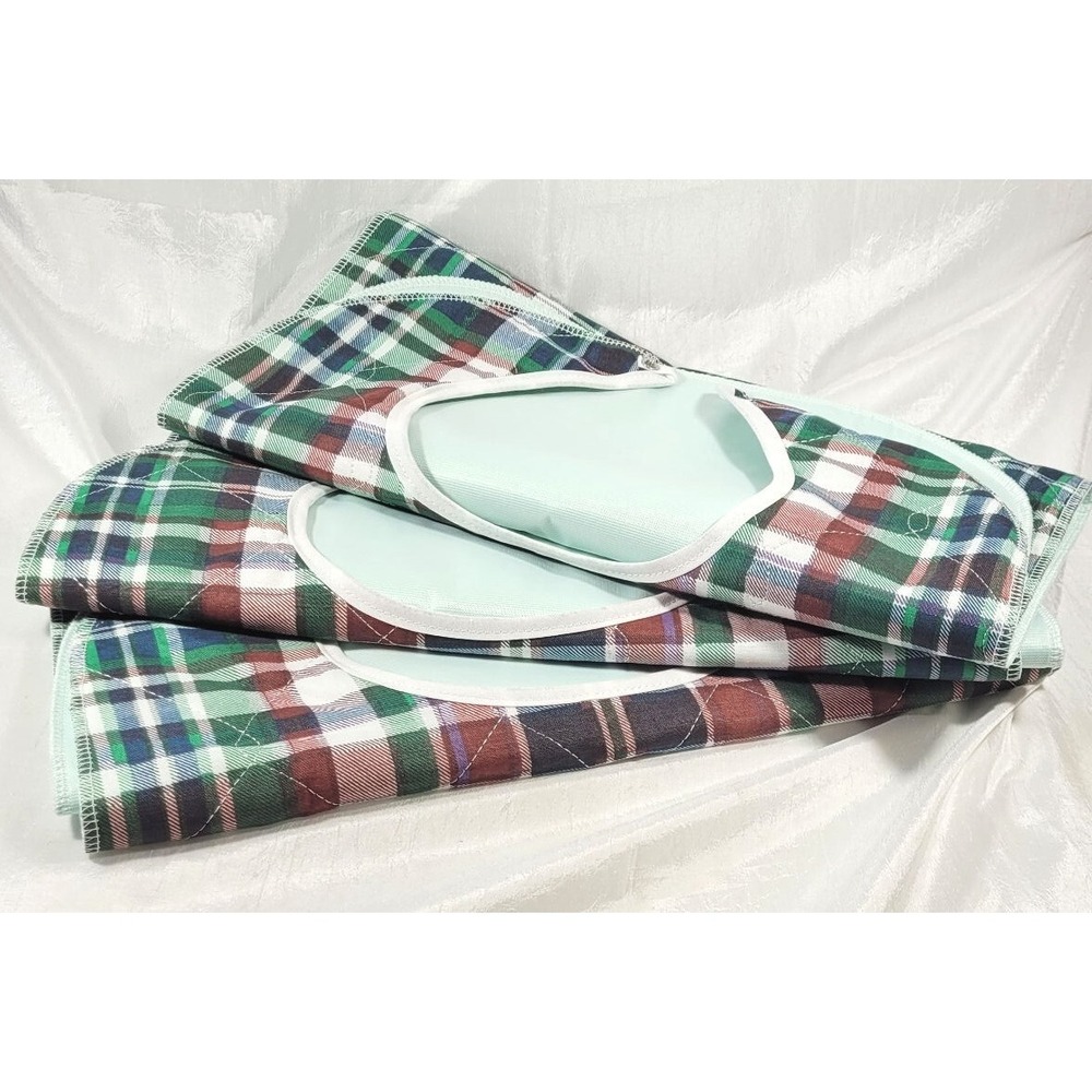 LOT: 3 Beck's Classic Waterproof Snap Closure Green Plaid Adult Bibs‎ 18"x34"